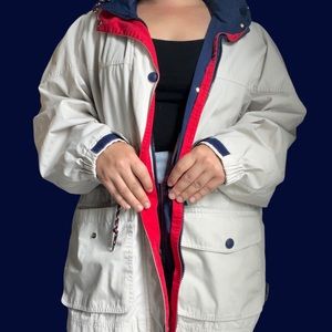 VTG Pacific Trail Adult Men M Red White & Blue Pockets Hooded Windbreaker Jacket